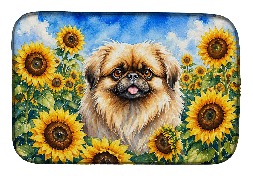 Pekingese in Sunflowers Dish Drying Mat Absorbent Dish Drying Mat Pad for Kitchen Counter Dish Drainer Mat for Countertop, 14 x 21", Multicolor
