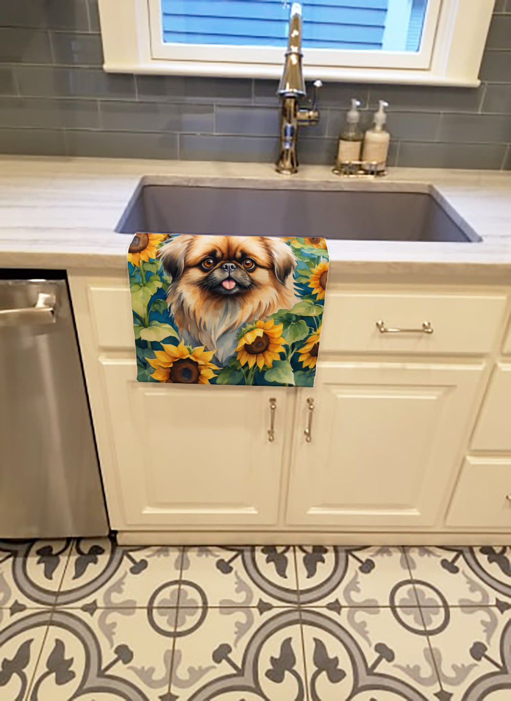Pekingese in Sunflowers Kitchen Towel Velour Plush Front and Cotton Loop Back Machine Washable