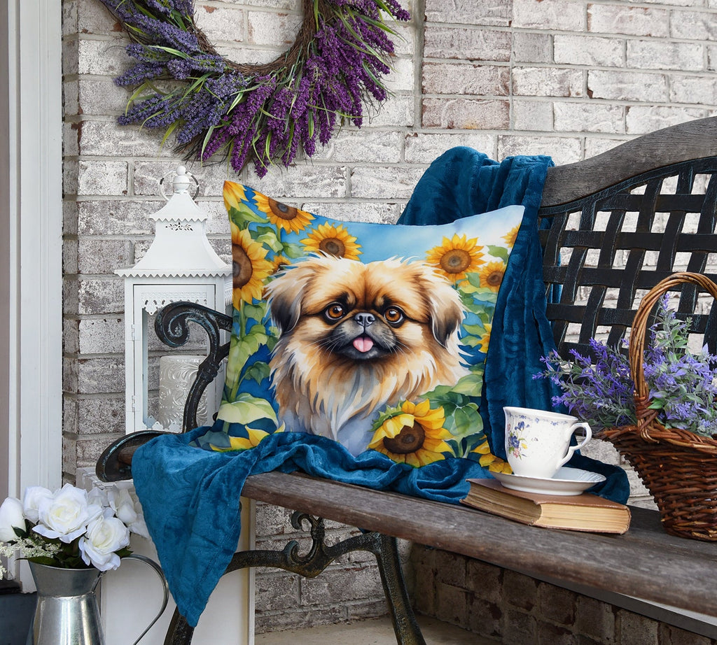 Pekingese in Sunflowers Decorative Throw Pillow 18x18 Indoor Outdoor Accent Cushion, Fabric Cover with Insert for Sofa, Bed, Porch & Living Room