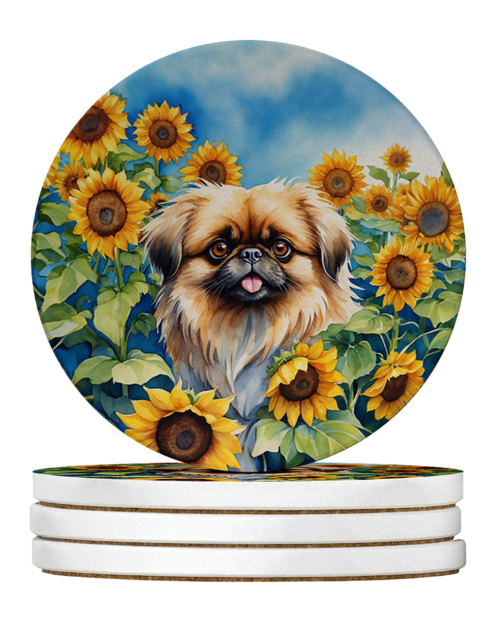 Pekingese in Sunflowers Large Sandstone Coasters Pack of 4 Absorbent Round Coasters Decor Gifts for Men or Women, 4 in, Multicolor