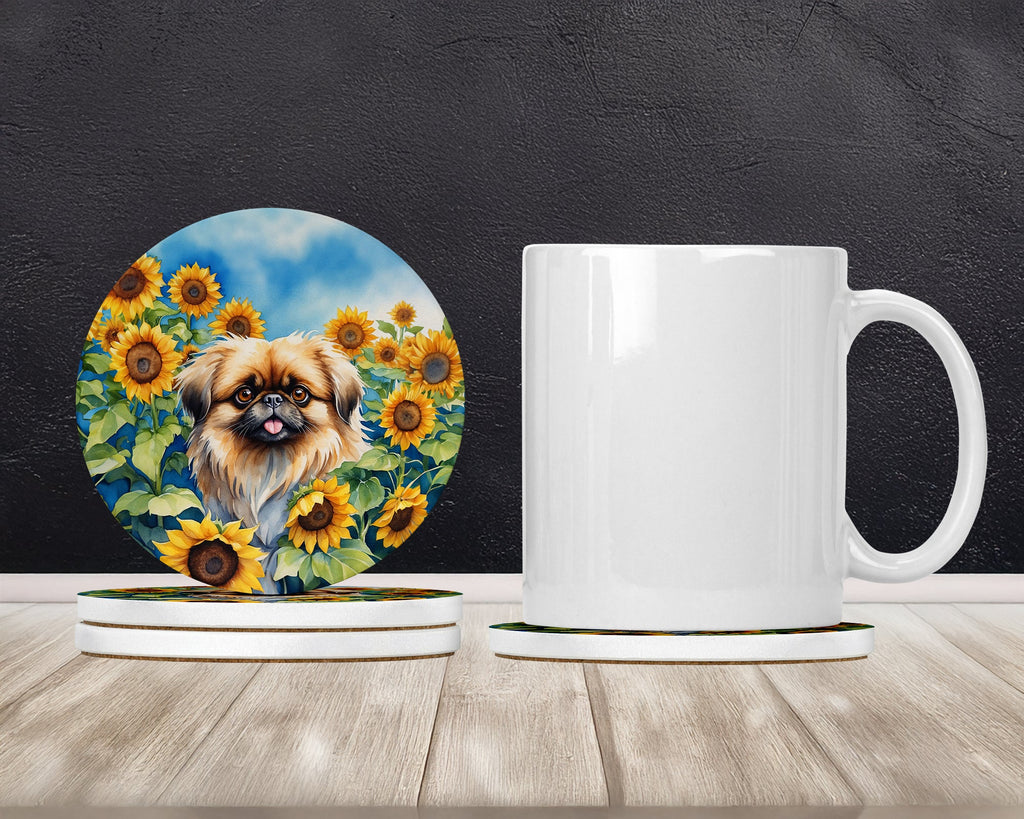 Pekingese in Sunflowers Large Sandstone Coasters Pack of 4 Absorbent Round Coasters Decor Gifts for Men or Women, 4 in, Multicolor