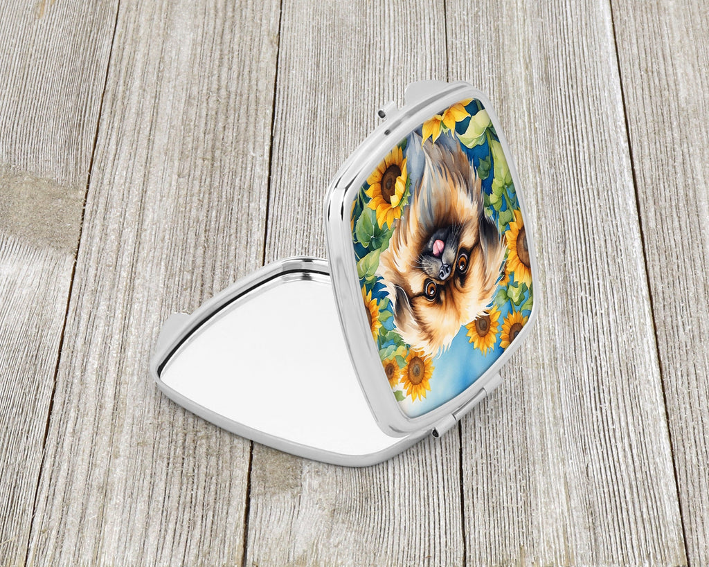 Pekingese in Sunflowers Compact Mirror Decorative Travel Makeup Mirror for Women Girls Gifts Pocket Makeup Mirror Folding Handheld