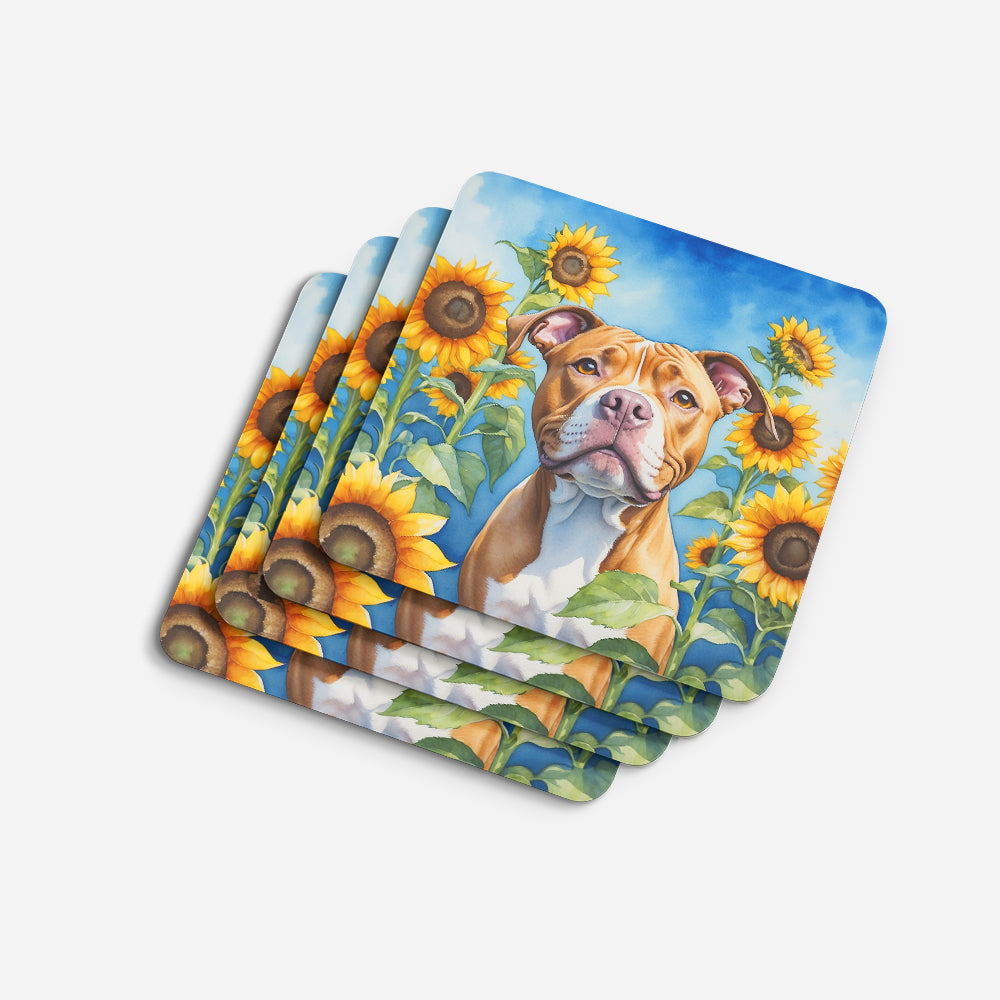 Pit Bull Terrier in Sunflowers Foam Coasters Set of 4 Cup Coasters for Indoor Outdoor, Tabletop Protection, Anti Slip, Mouse pad Material
