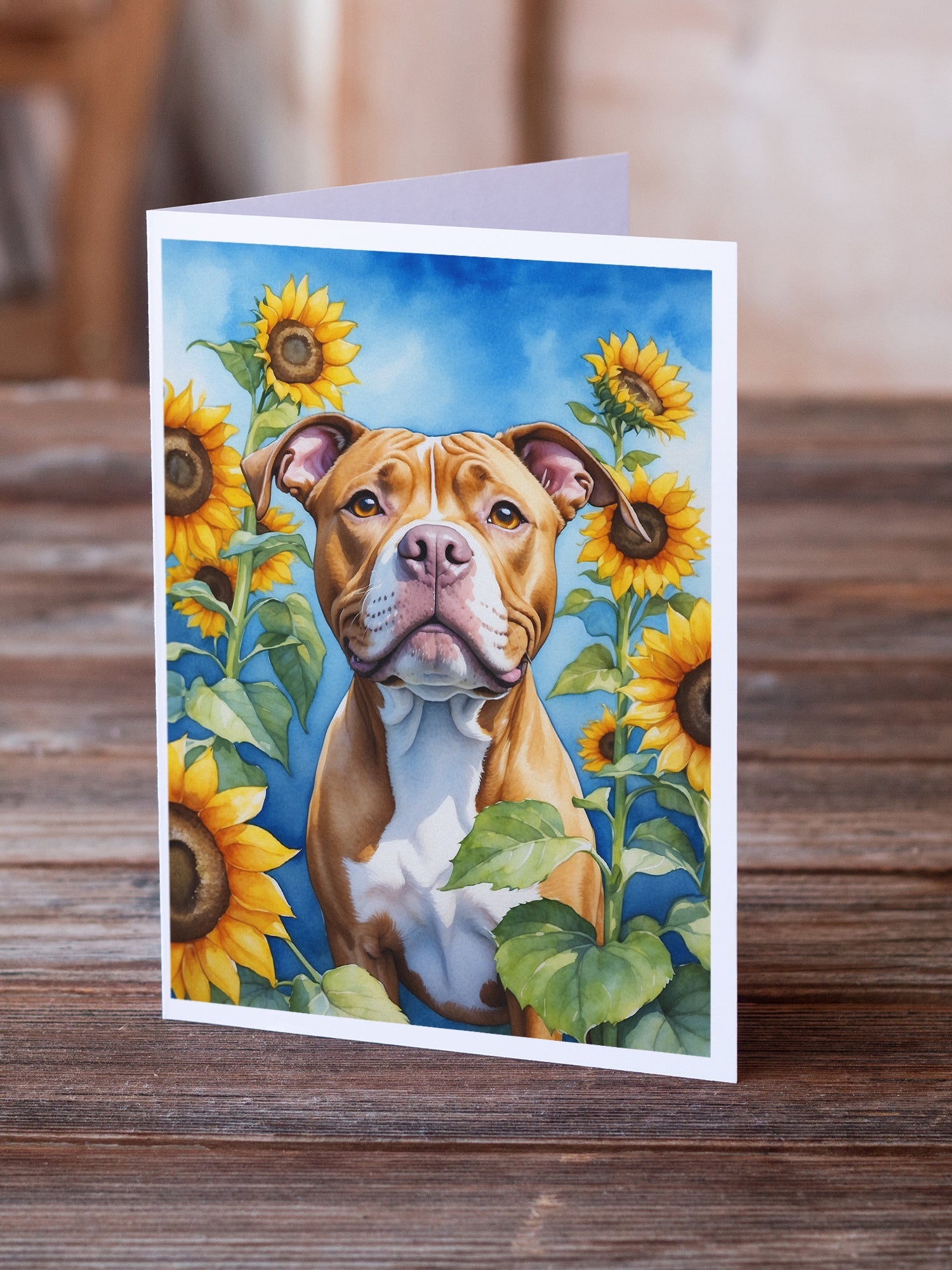 Pit Bull Terrier in Sunflowers Greeting Cards Pack of 8 Blank Cards with Envelopes Whimsical A7 Size 5x7