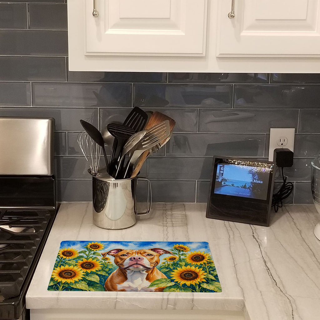 Pit Bull Terrier in Sunflowers Cutting Board Tempered Glass Kitchen Cutting Surface, Heat Resistant Chopping Board with Non-Slip Feet, Decorative Food Prep & Serving
