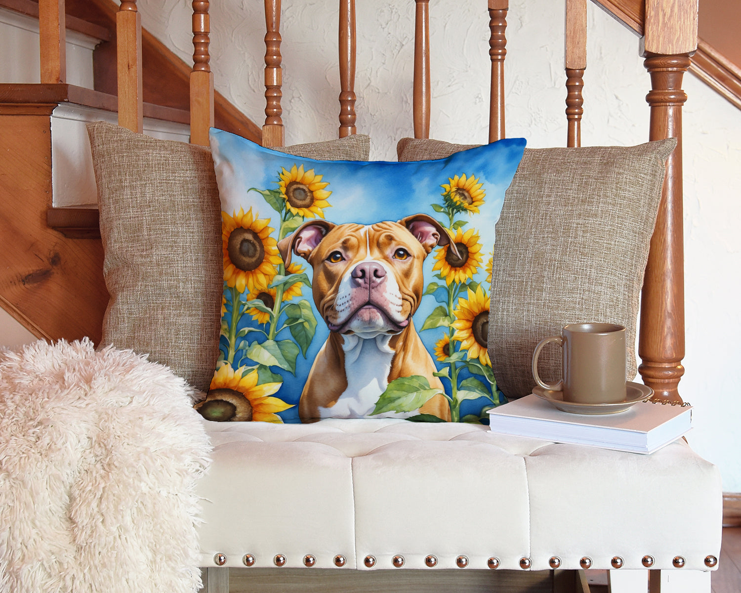 Pit Bull Terrier in Sunflowers Decorative Throw Pillow 14x14 Indoor Outdoor Accent Cushion, Fabric Cover with Insert for Sofa, Bed, Porch & Living Room