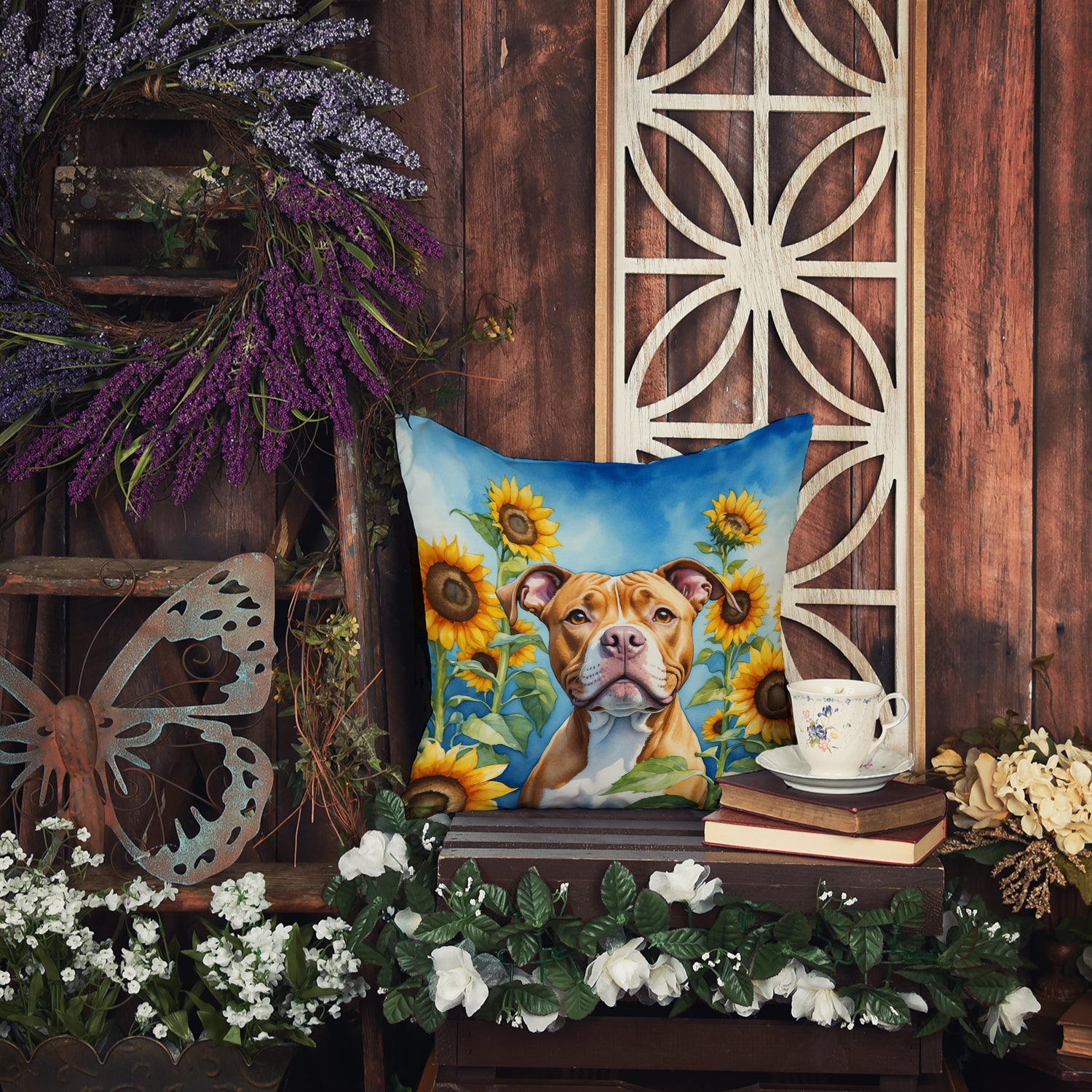 Pit Bull Terrier in Sunflowers Decorative Throw Pillow 14x14 Indoor Outdoor Accent Cushion, Fabric Cover with Insert for Sofa, Bed, Porch & Living Room
