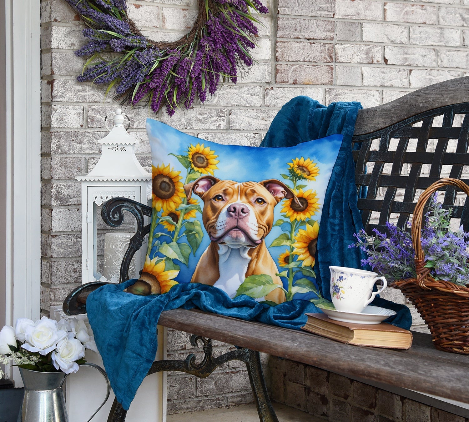 Pit Bull Terrier in Sunflowers Decorative Throw Pillow 18x18 Indoor Outdoor Accent Cushion, Fabric Cover with Insert for Sofa, Bed, Porch & Living Room