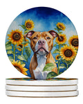 Pit Bull Terrier in Sunflowers Large Sandstone Coasters Pack of 4 Absorbent Round Coasters Decor Gifts for Men or Women, 4 in, Multicolor