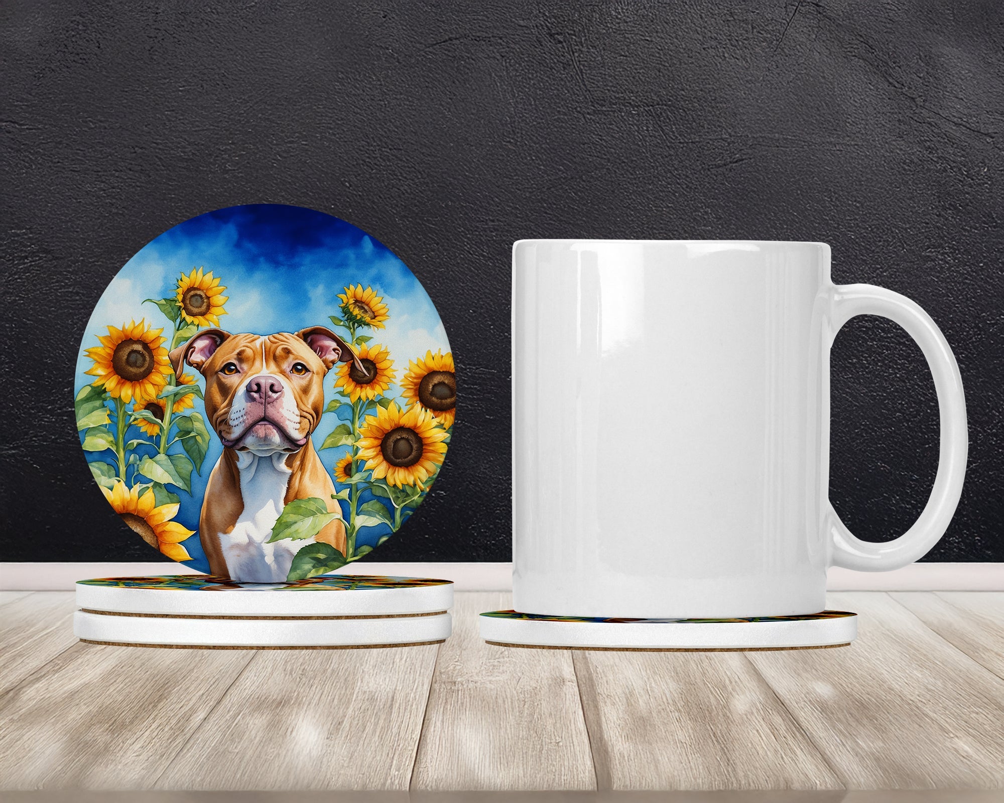 Pit Bull Terrier in Sunflowers Large Sandstone Coasters Pack of 4 Absorbent Round Coasters Decor Gifts for Men or Women, 4 in, Multicolor