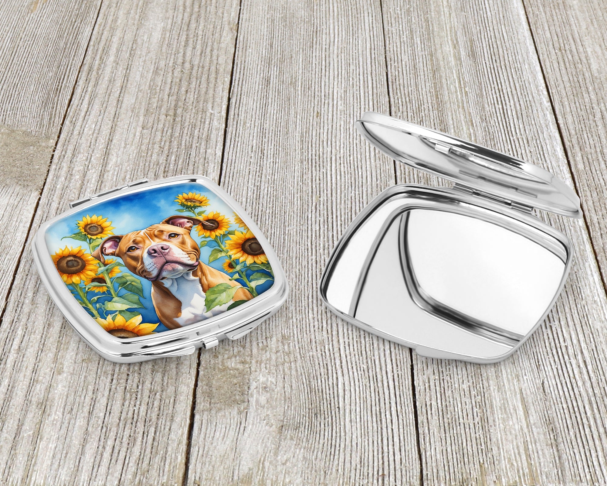 Pit Bull Terrier in Sunflowers Compact Mirror Decorative Travel Makeup Mirror for Women Girls Gifts Pocket Makeup Mirror Folding Handheld
