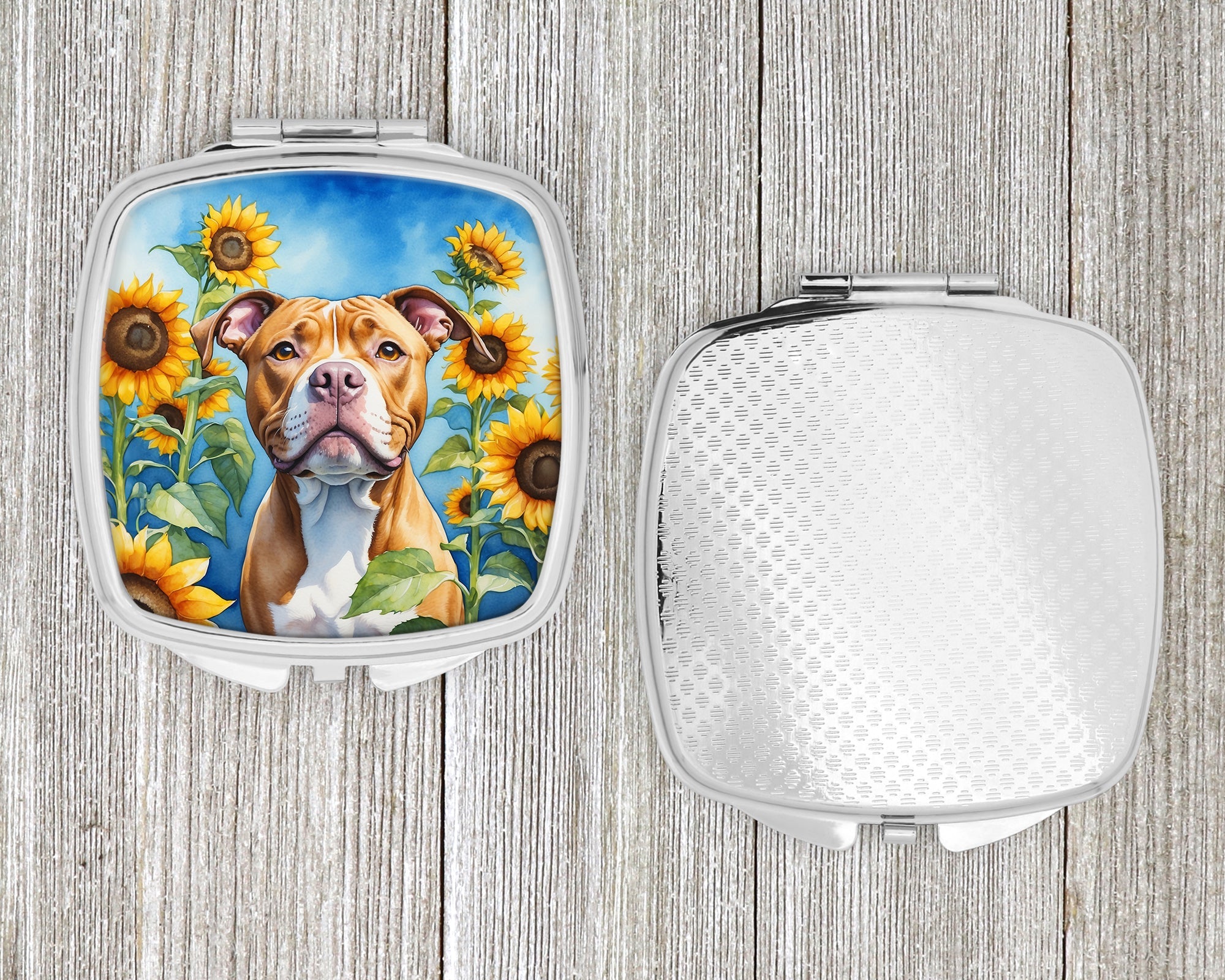 Pit Bull Terrier in Sunflowers Compact Mirror Decorative Travel Makeup Mirror for Women Girls Gifts Pocket Makeup Mirror Folding Handheld