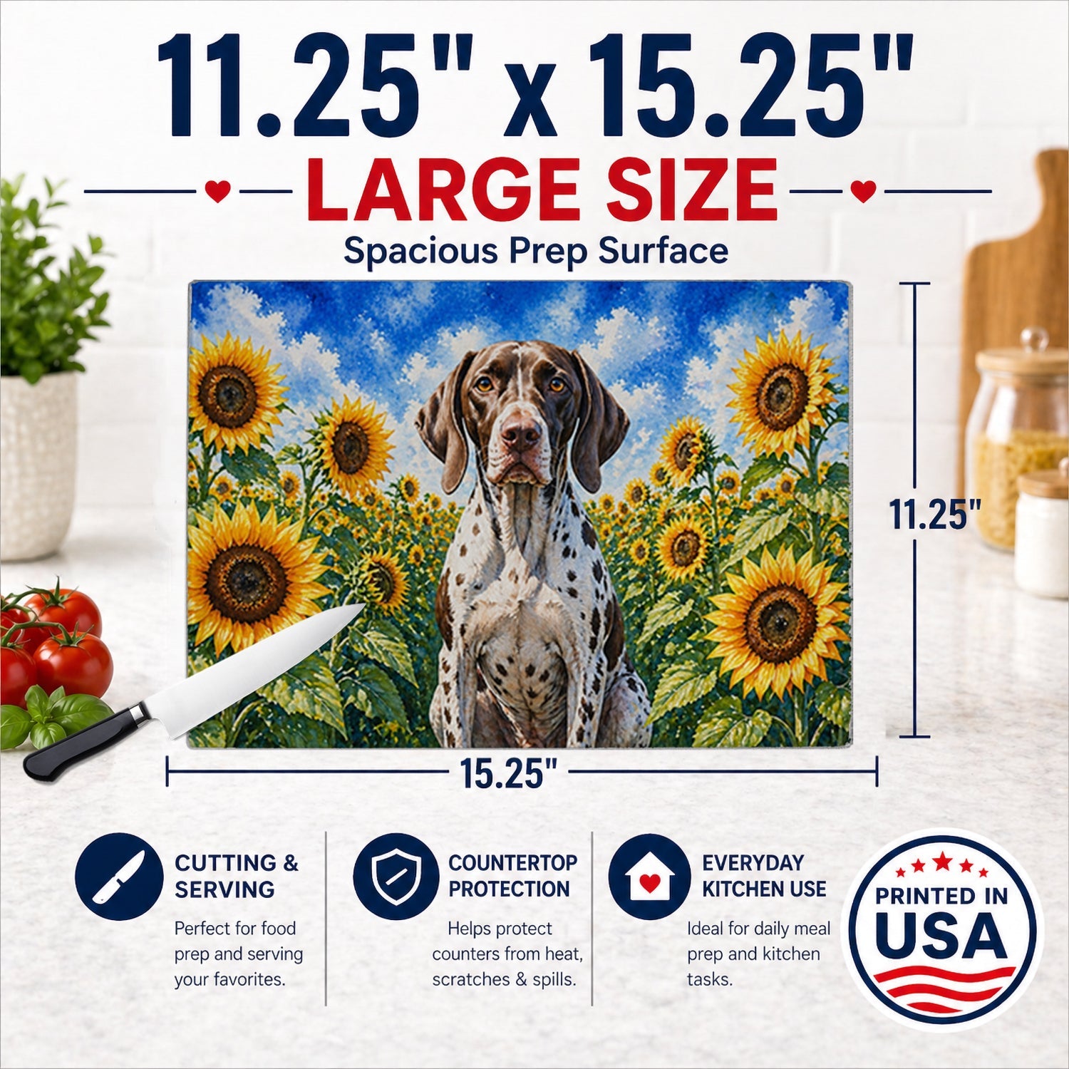 Pointer in Sunflowers Cutting Board Tempered Glass Kitchen Cutting Surface, Heat Resistant Chopping Board with Non-Slip Feet, Decorative Food Prep & Serving