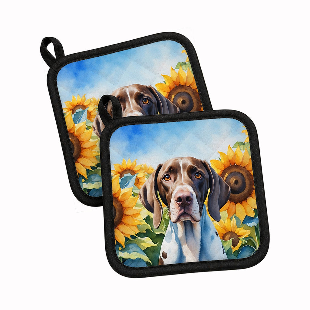 Pointer in Sunflowers Pot Holder Set of 2 Heat Resistant Quilted Hot Pads 7.5 x 7.5 Inch, Insulated Kitchen Trivets for Cooking & Baking