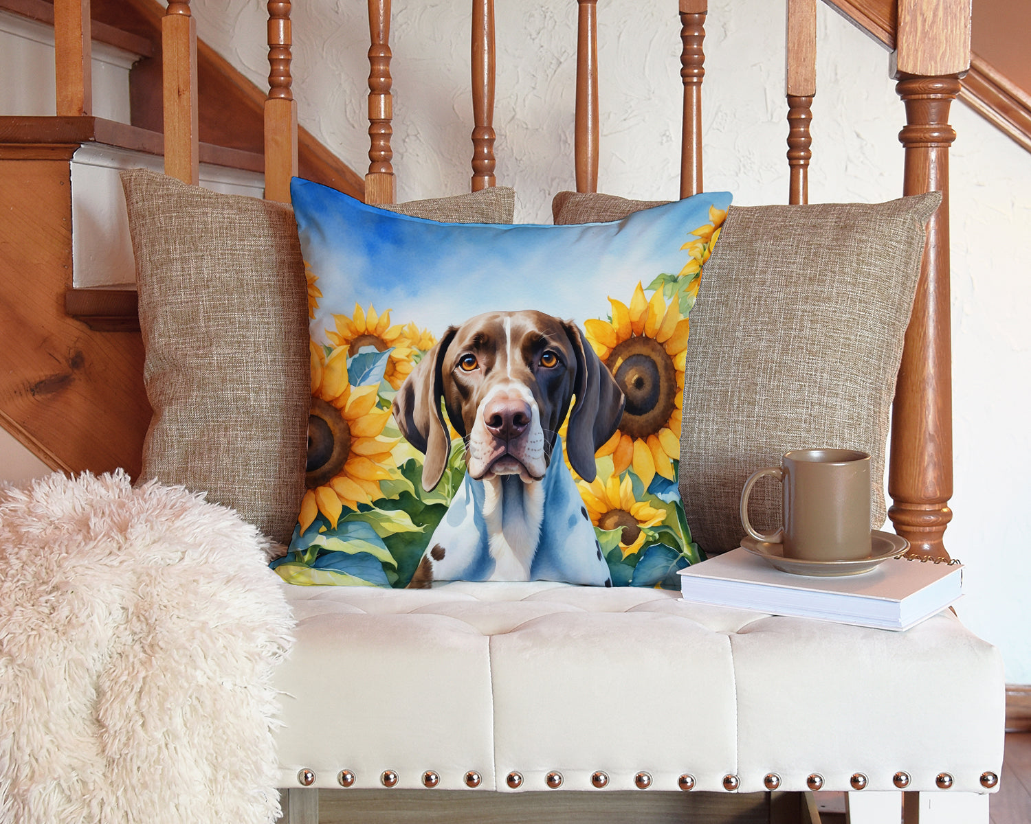 Pointer in Sunflowers Decorative Throw Pillow 14x14 Indoor Outdoor Accent Cushion, Fabric Cover with Insert for Sofa, Bed, Porch & Living Room