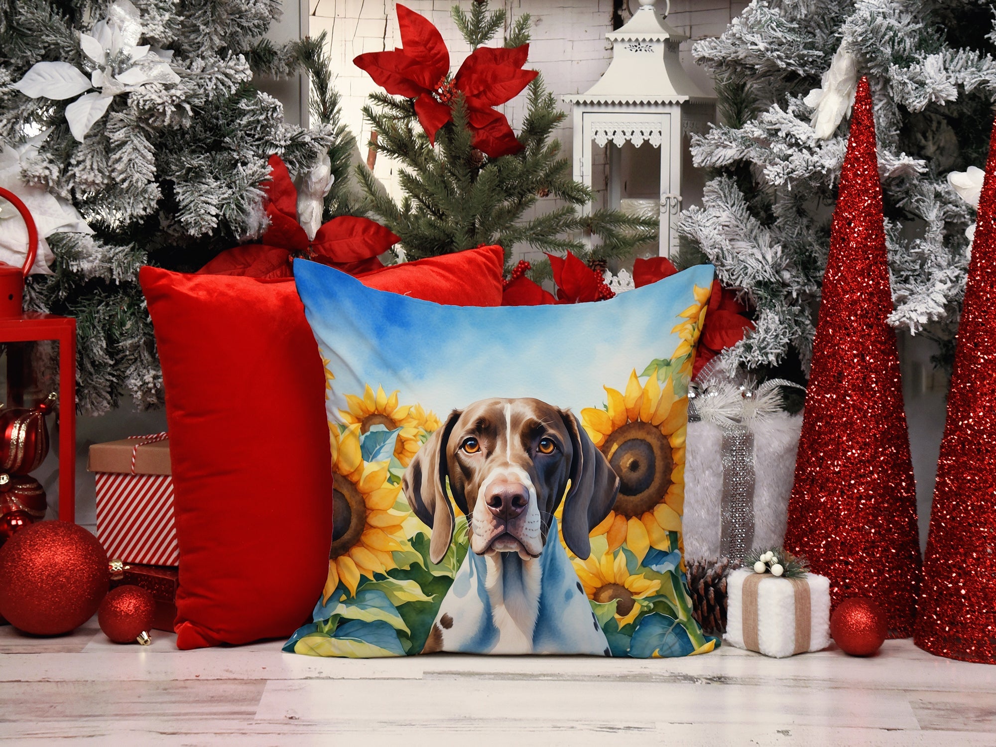 Pointer in Sunflowers Decorative Throw Pillow 14x14 Indoor Outdoor Accent Cushion, Fabric Cover with Insert for Sofa, Bed, Porch & Living Room