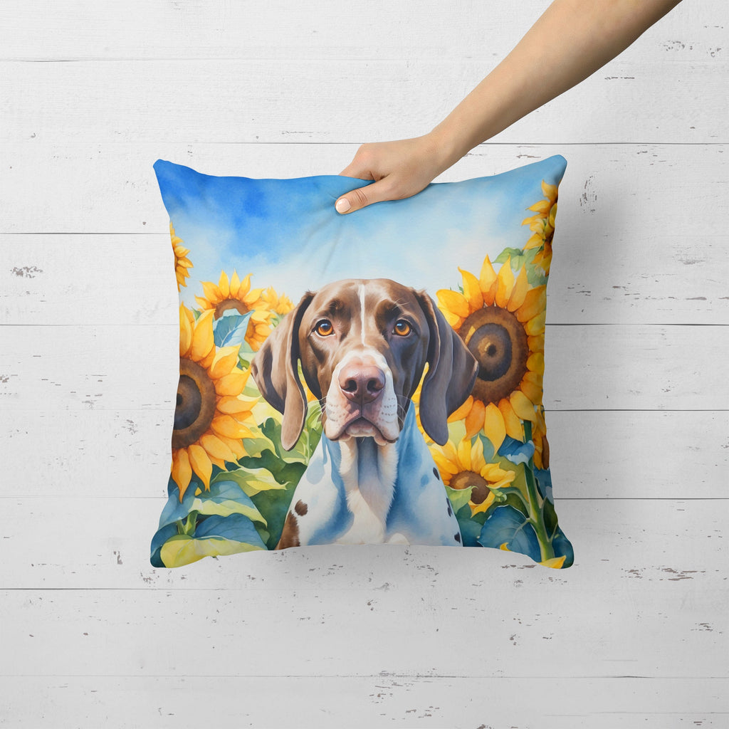 Pointer in Sunflowers Decorative Throw Pillow 18x18 Indoor Outdoor Accent Cushion, Fabric Cover with Insert for Sofa, Bed, Porch & Living Room