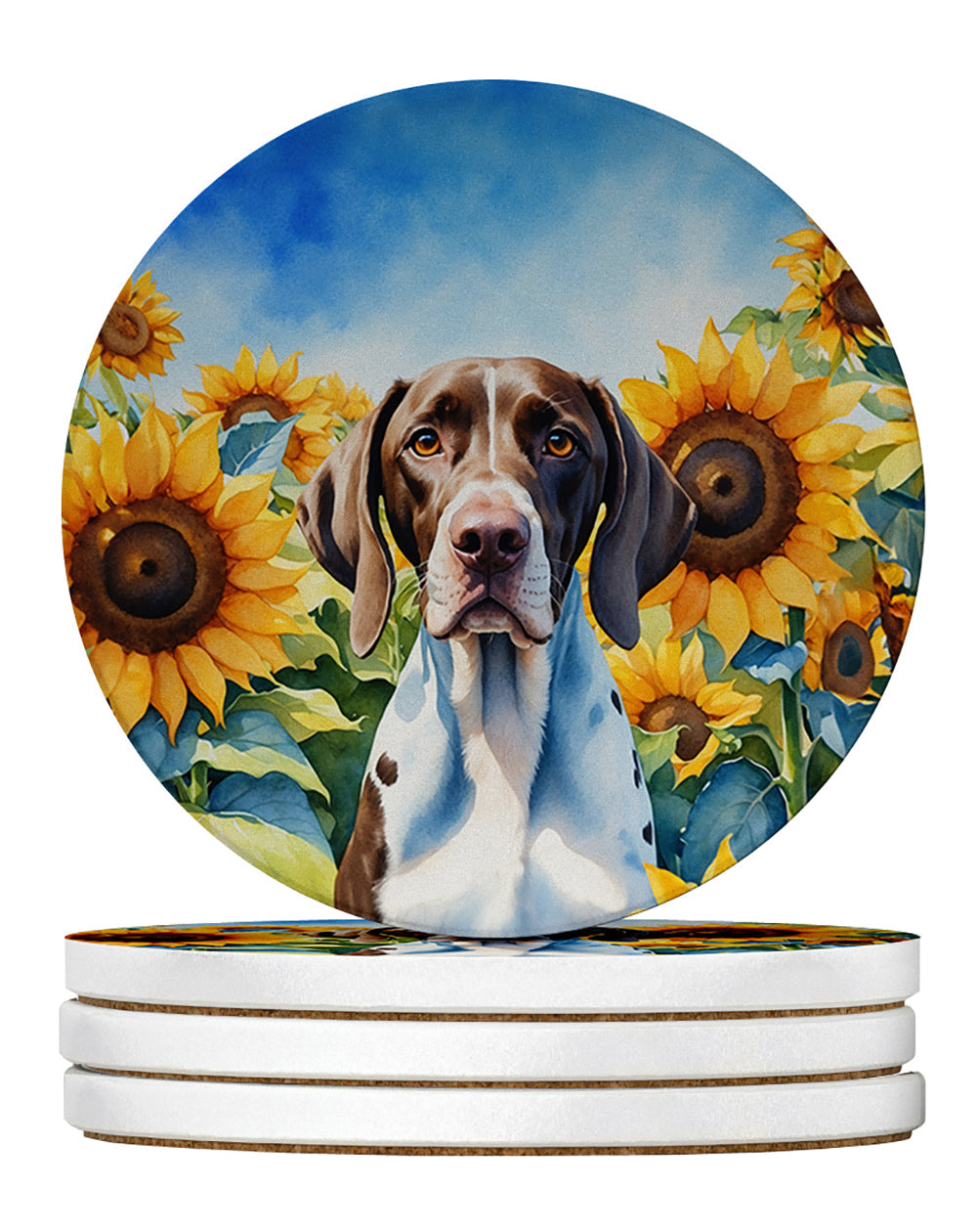 Pointer in Sunflowers Large Sandstone Coasters Pack of 4 Absorbent Round Coasters Decor Gifts for Men or Women, 4 in, Multicolor
