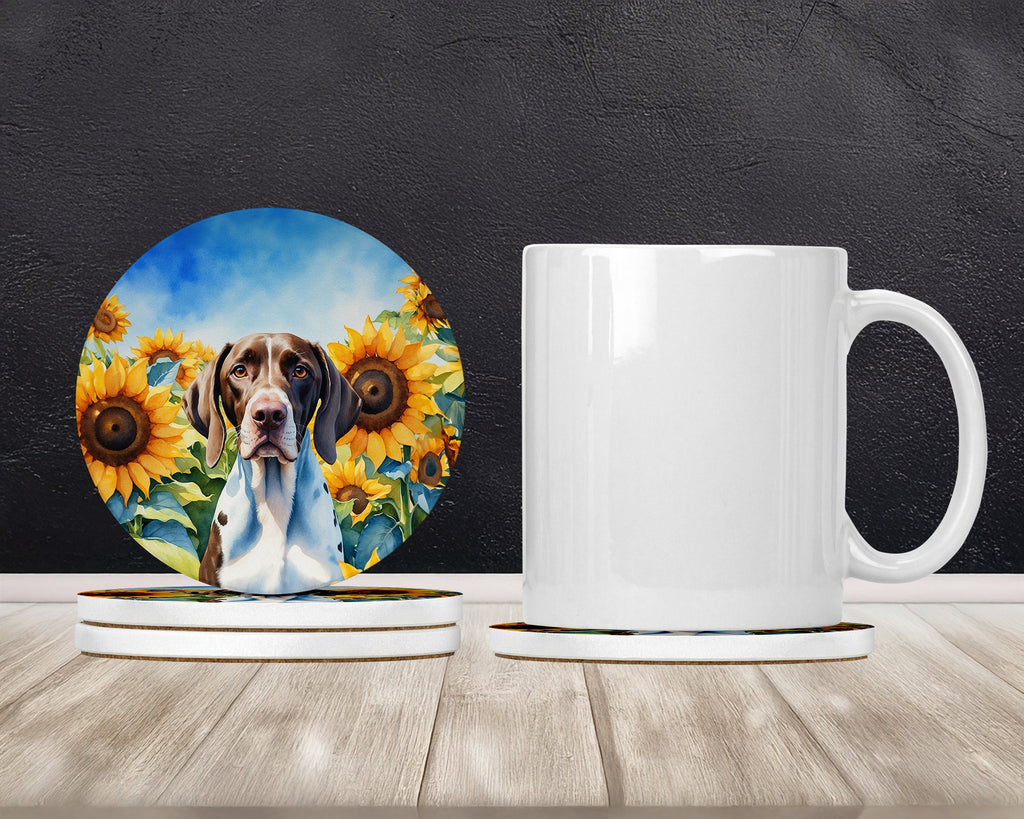 Pointer in Sunflowers Large Sandstone Coasters Pack of 4 Absorbent Round Coasters Decor Gifts for Men or Women, 4 in, Multicolor