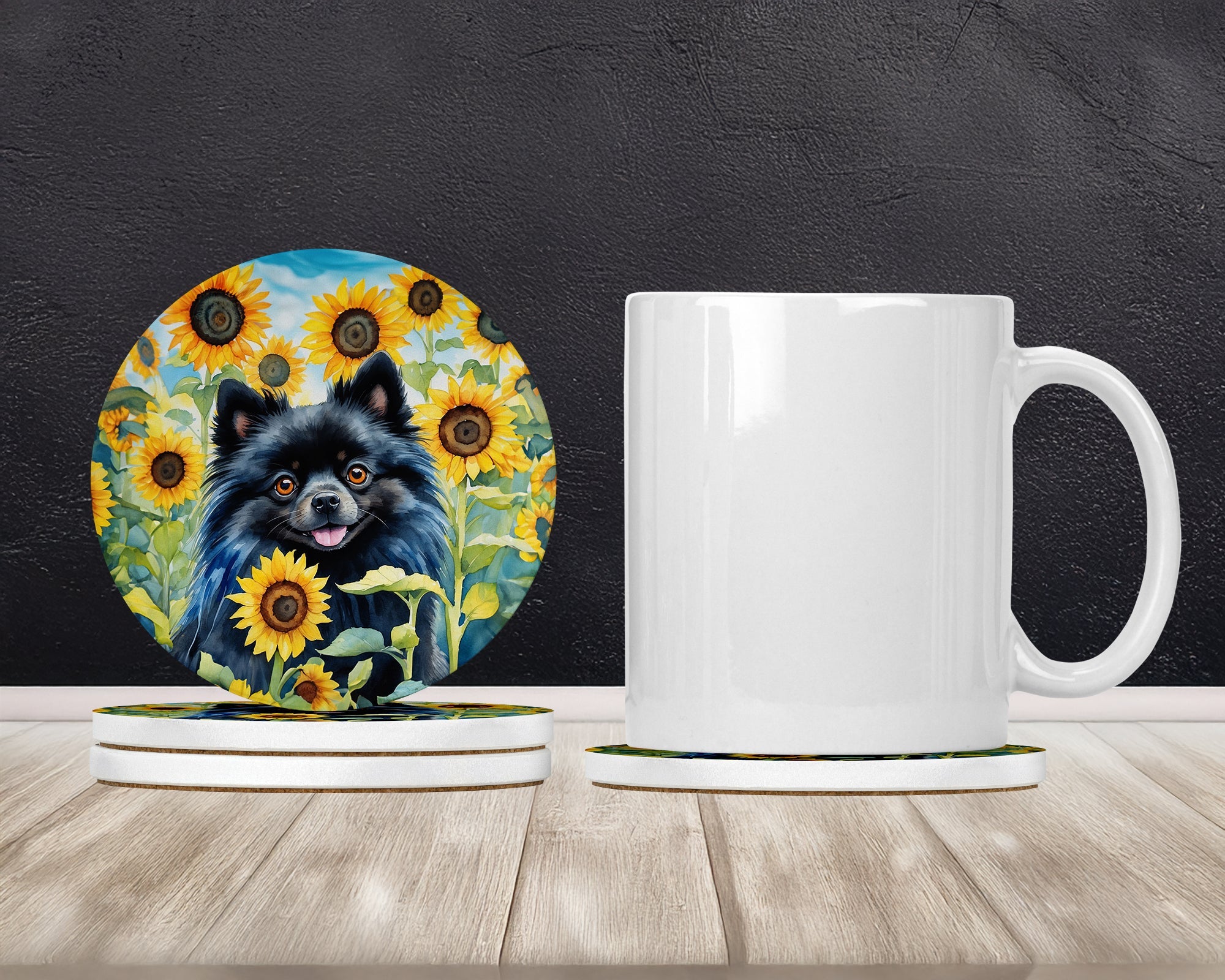 Pomeranian in Sunflowers Large Sandstone Coasters Pack of 4 Absorbent Round Coasters Decor Gifts for Men or Women, 4 in, Multicolor