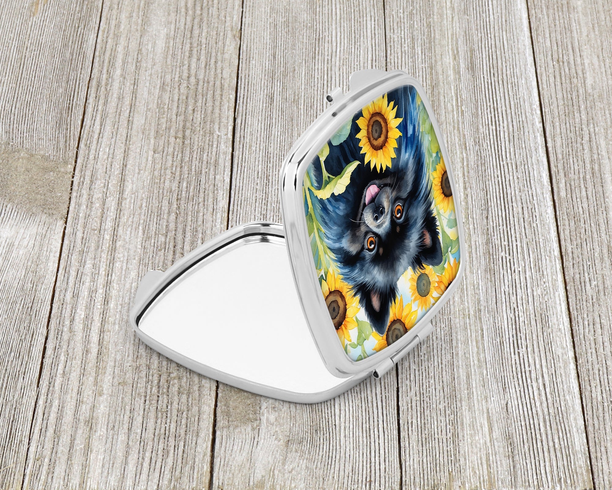Pomeranian in Sunflowers Compact Mirror Decorative Travel Makeup Mirror for Women Girls Gifts Pocket Makeup Mirror Folding Handheld