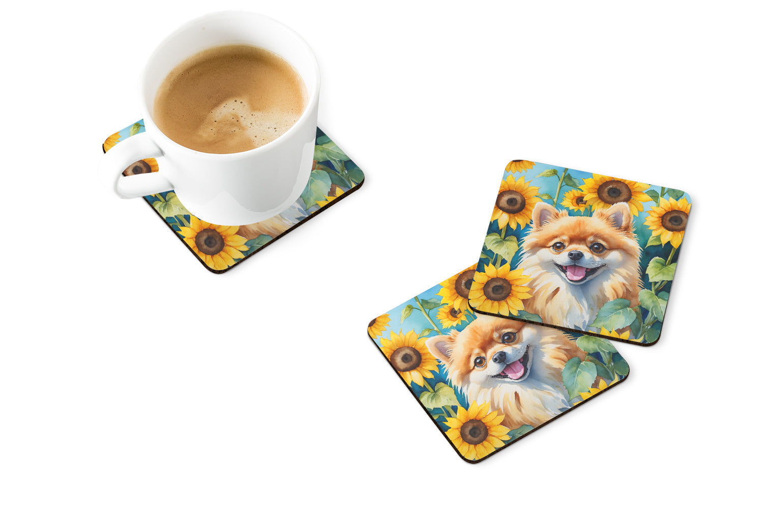 Pomeranian in Sunflowers Foam Coasters Set of 4 Cup Coasters for Indoor Outdoor, Tabletop Protection, Anti Slip, Mouse pad Material