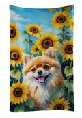 Pomeranian in Sunflowers Kitchen Towel Velour Plush Front and Cotton Loop Back Machine Washable
