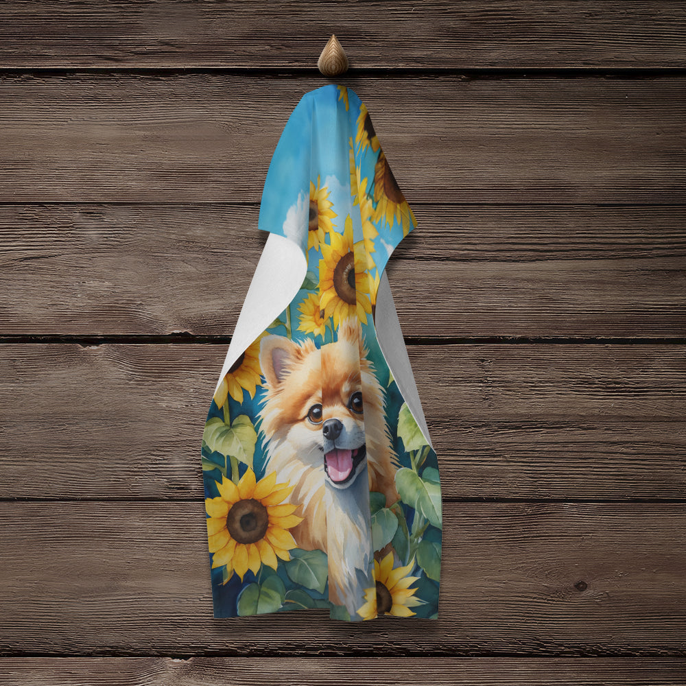 Pomeranian in Sunflowers Kitchen Towel Velour Plush Front and Cotton Loop Back Machine Washable