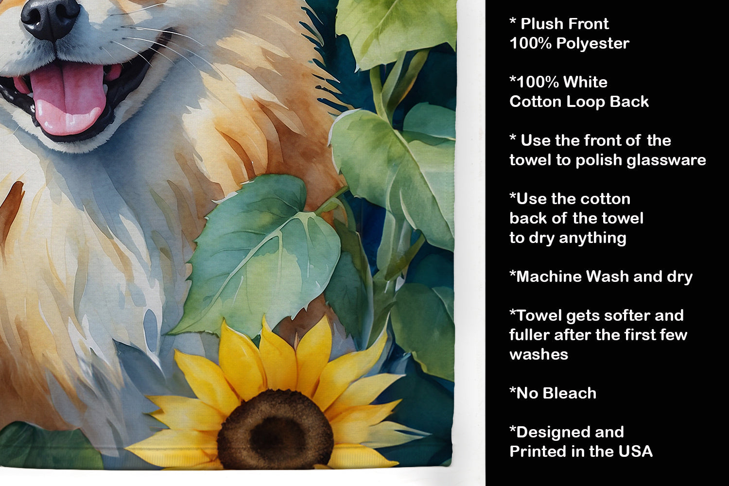 Pomeranian in Sunflowers Kitchen Towel Velour Plush Front and Cotton Loop Back Machine Washable