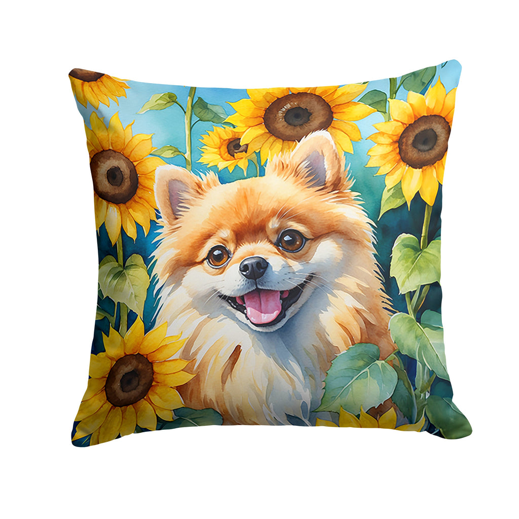Pomeranian in Sunflowers Decorative Throw Pillow 14x14 Indoor Outdoor Accent Cushion, Fabric Cover with Insert for Sofa, Bed, Porch & Living Room