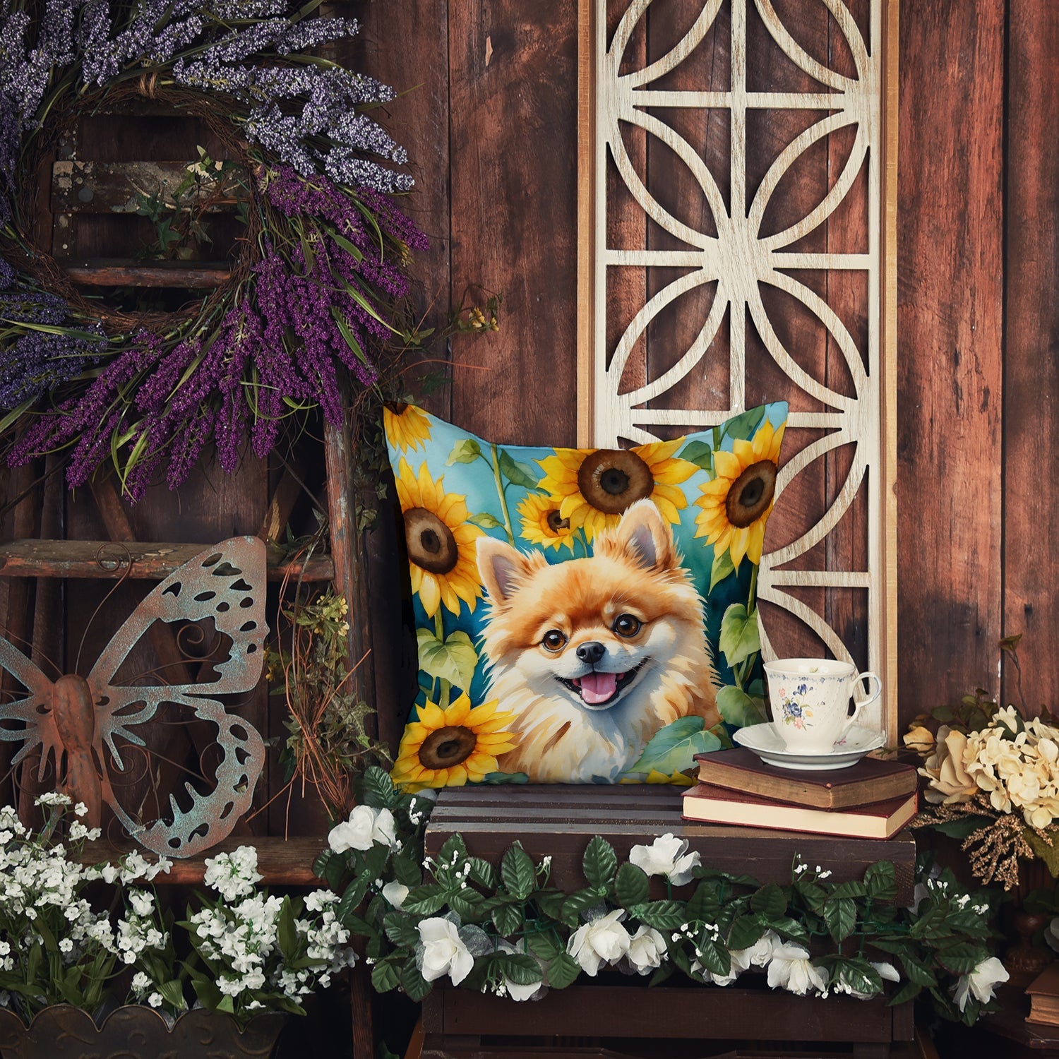 Pomeranian in Sunflowers Decorative Throw Pillow 18x18 Indoor Outdoor Accent Cushion, Fabric Cover with Insert for Sofa, Bed, Porch & Living Room