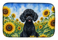 Black Poodle in Sunflowers Dish Drying Mat Absorbent Dish Drying Mat Pad for Kitchen Counter Dish Drainer Mat for Countertop, 14 x 21", Multicolor