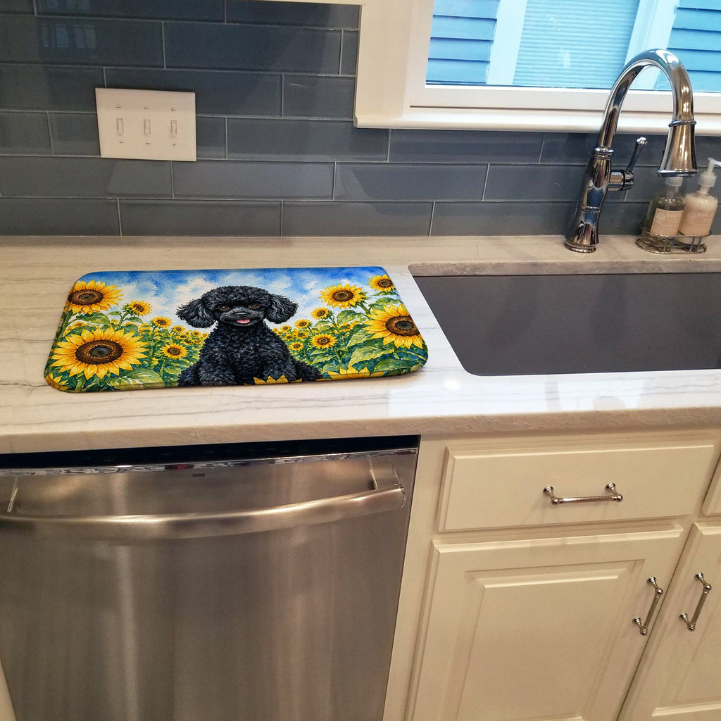 Black Poodle in Sunflowers Dish Drying Mat Absorbent Dish Drying Mat Pad for Kitchen Counter Dish Drainer Mat for Countertop, 14 x 21", Multicolor