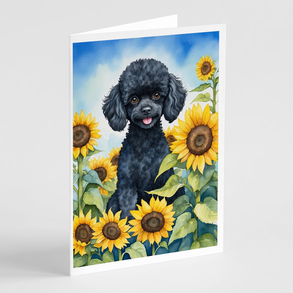 Black Poodle in Sunflowers Greeting Cards Pack of 8 Blank Cards with Envelopes Whimsical A7 Size 5x7