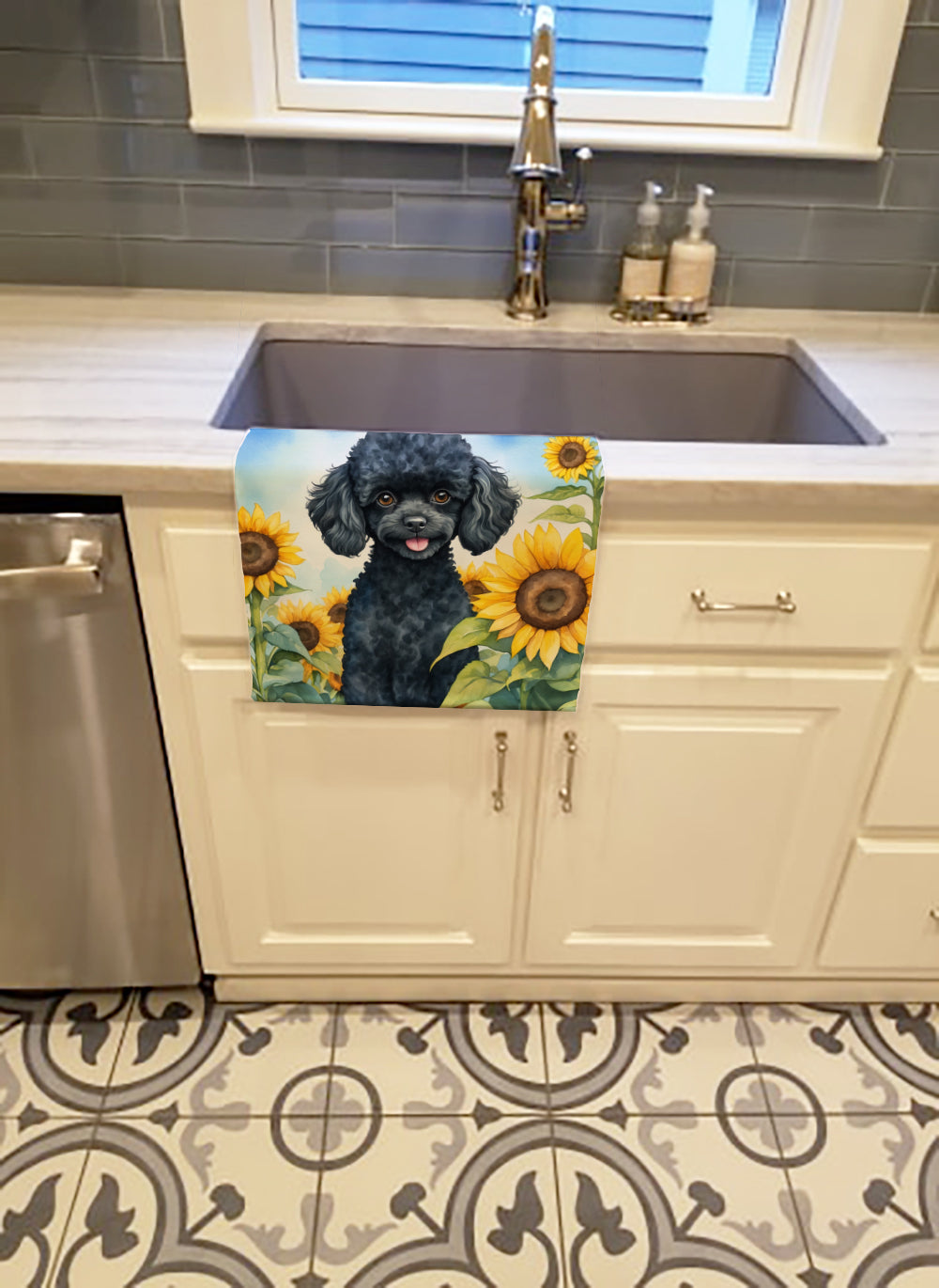 Black Poodle in Sunflowers Kitchen Towel Velour Plush Front and Cotton Loop Back Machine Washable