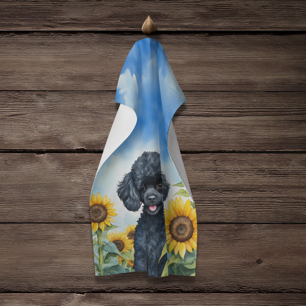 Black Poodle in Sunflowers Kitchen Towel Velour Plush Front and Cotton Loop Back Machine Washable