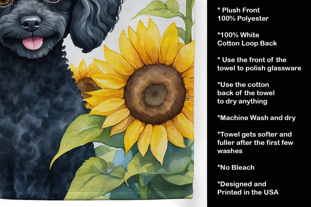 Black Poodle in Sunflowers Kitchen Towel Velour Plush Front and Cotton Loop Back Machine Washable