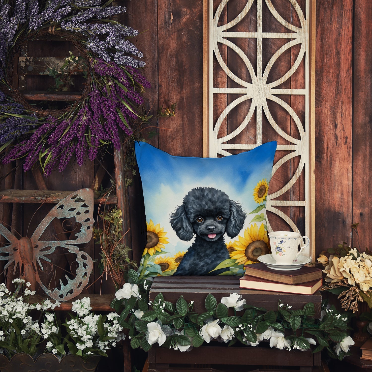Black Poodle in Sunflowers Decorative Throw Pillow 14x14 Indoor Outdoor Accent Cushion, Fabric Cover with Insert for Sofa, Bed, Porch & Living Room