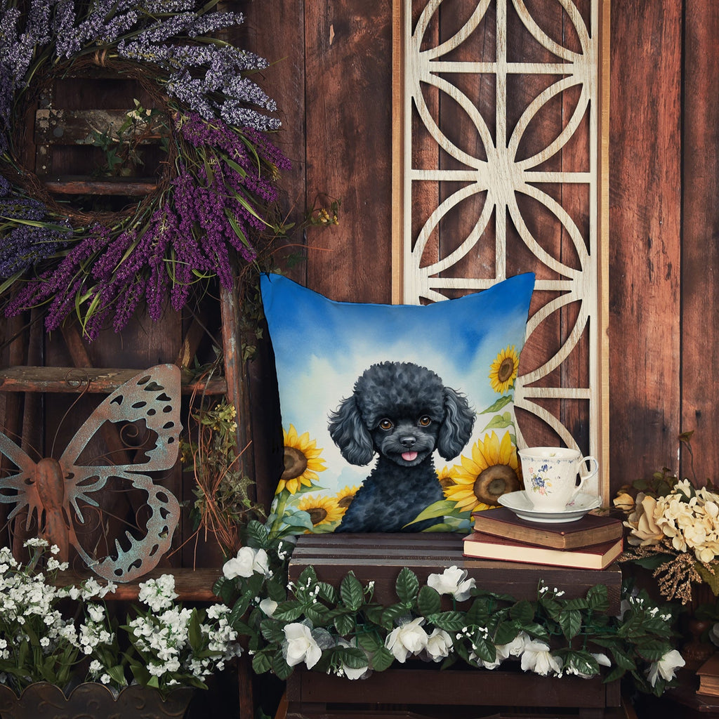 Black Poodle in Sunflowers Decorative Throw Pillow 18x18 Indoor Outdoor Accent Cushion, Fabric Cover with Insert for Sofa, Bed, Porch & Living Room