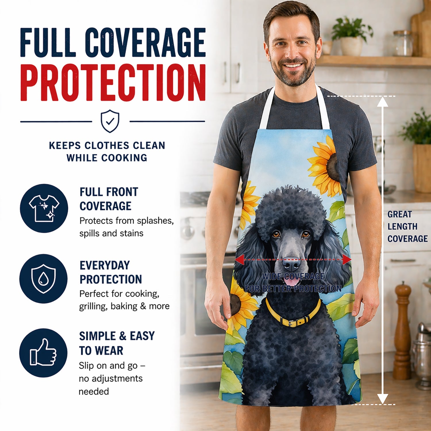 Black Poodle in Sunflowers Apron Cooking Kitchen Server Baking Crafts Gardening for Adult Women Men, Unisex, Large, Multicolor