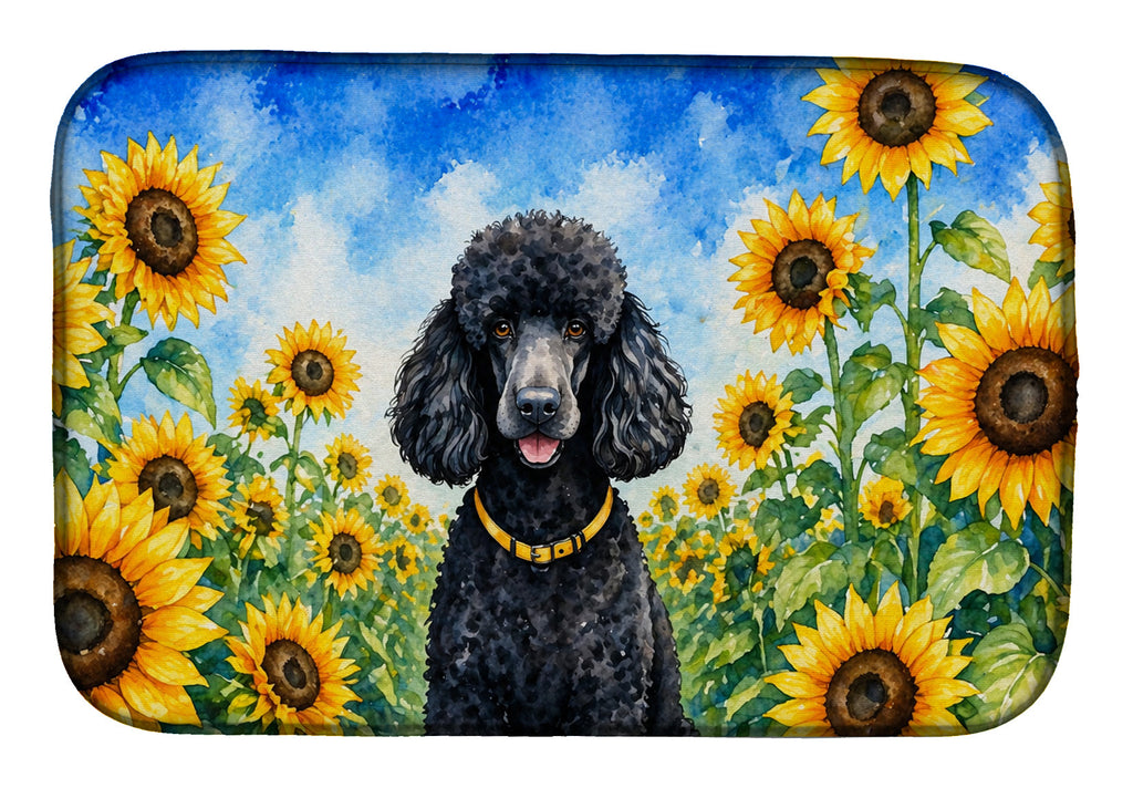 Black Poodle in Sunflowers Dish Drying Mat Absorbent Dish Drying Mat Pad for Kitchen Counter Dish Drainer Mat for Countertop, 14 x 21", Multicolor