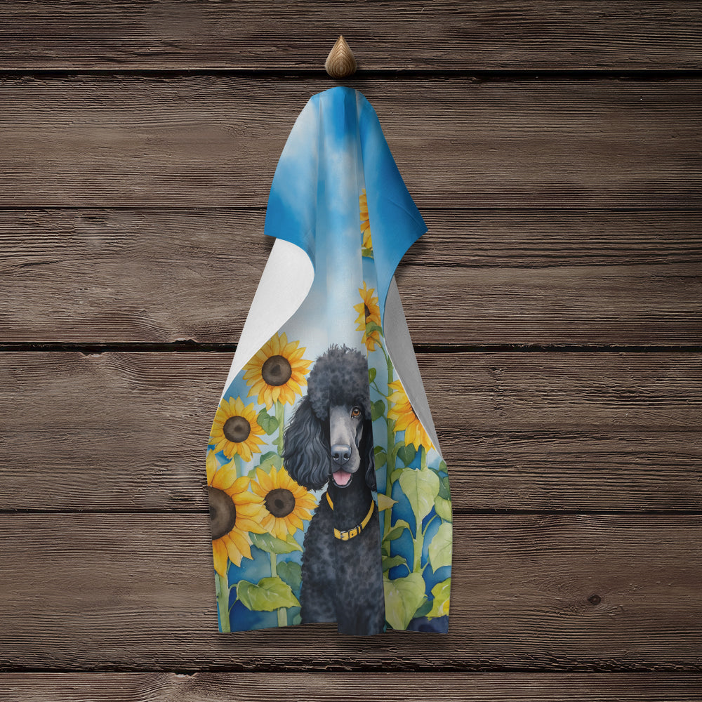 Black Poodle in Sunflowers Kitchen Towel Velour Plush Front and Cotton Loop Back Machine Washable