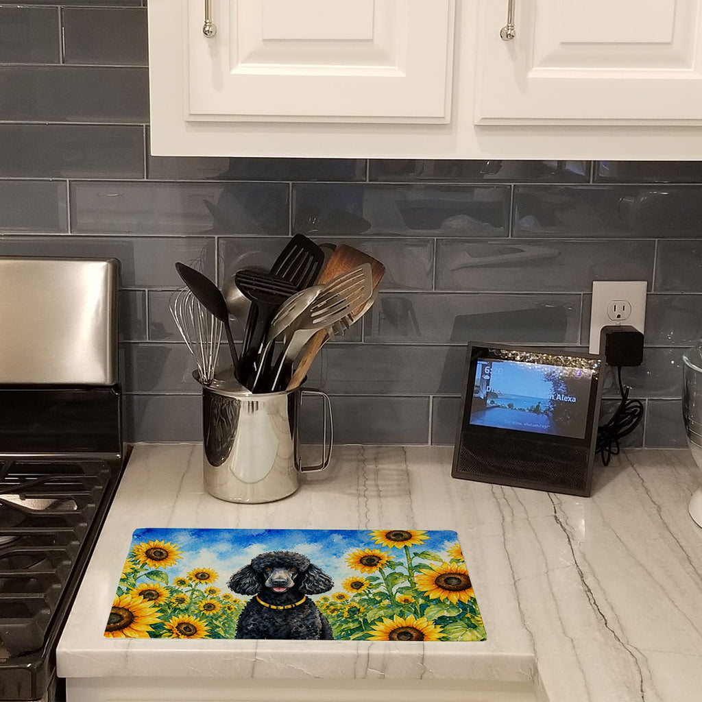 Black Poodle in Sunflowers Cutting Board Tempered Glass Kitchen Cutting Surface, Heat Resistant Chopping Board with Non-Slip Feet, Decorative Food Prep & Serving