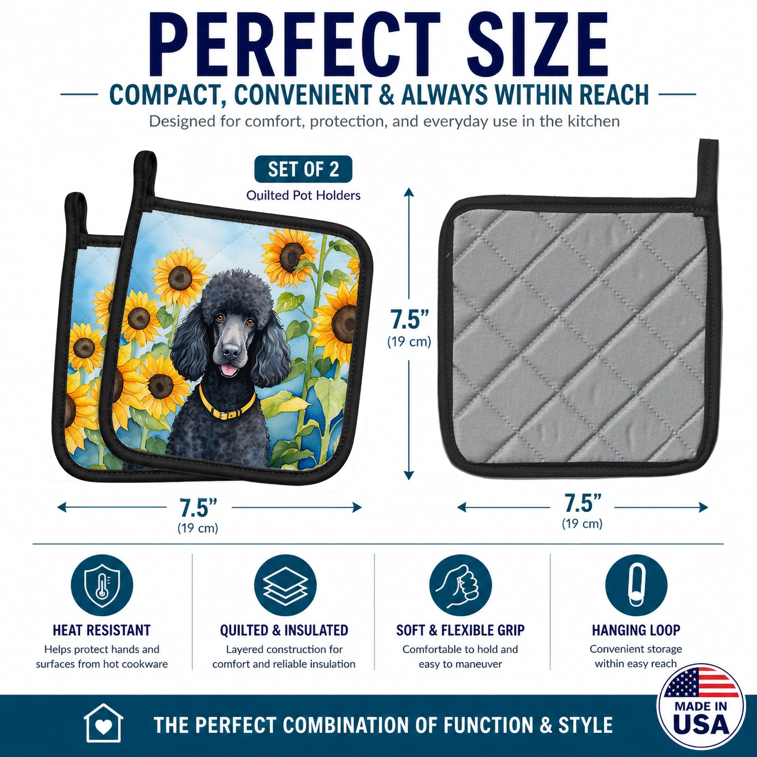 Black Poodle in Sunflowers Pot Holder Set of 2 Heat Resistant Quilted Hot Pads 7.5 x 7.5 Inch, Insulated Kitchen Trivets for Cooking & Baking