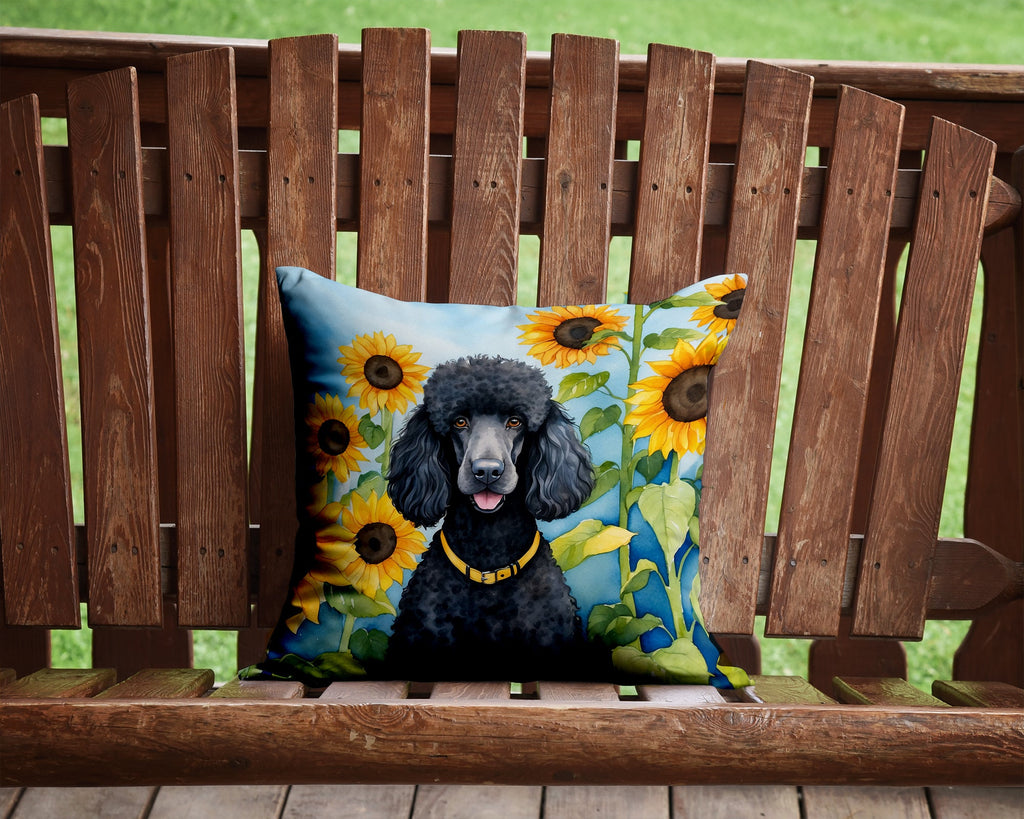 Black Poodle in Sunflowers Decorative Throw Pillow 14x14 Indoor Outdoor Accent Cushion, Fabric Cover with Insert for Sofa, Bed, Porch & Living Room
