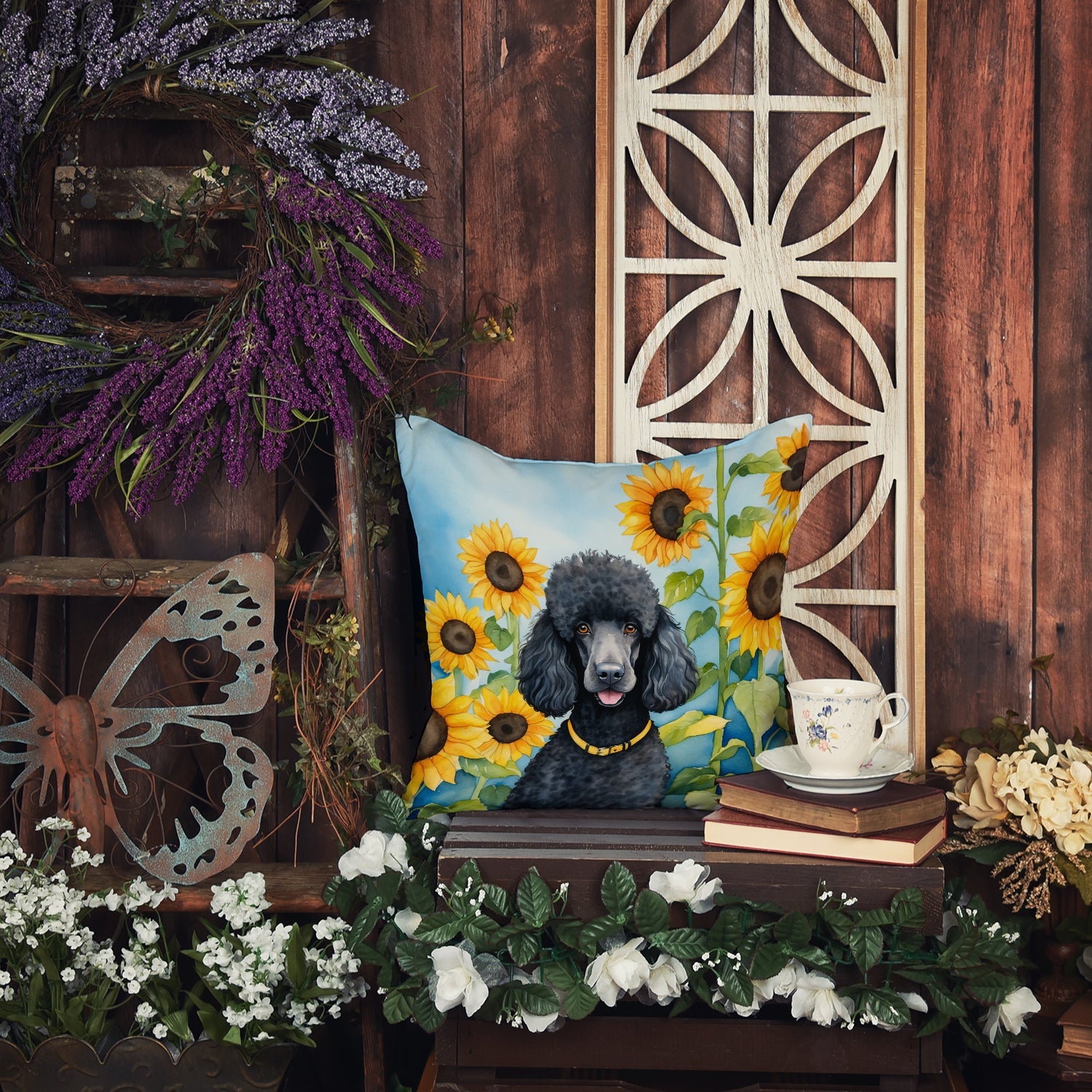 Black Poodle in Sunflowers Decorative Throw Pillow 18x18 Indoor Outdoor Accent Cushion, Fabric Cover with Insert for Sofa, Bed, Porch & Living Room
