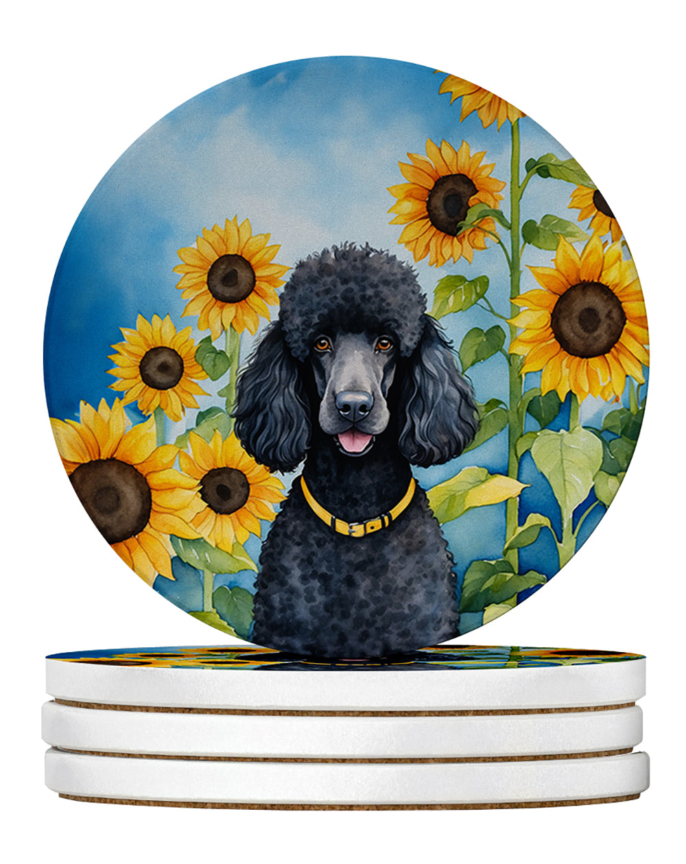 Black Poodle in Sunflowers Large Sandstone Coasters Pack of 4 Absorbent Round Coasters Decor Gifts for Men or Women, 4 in, Multicolor