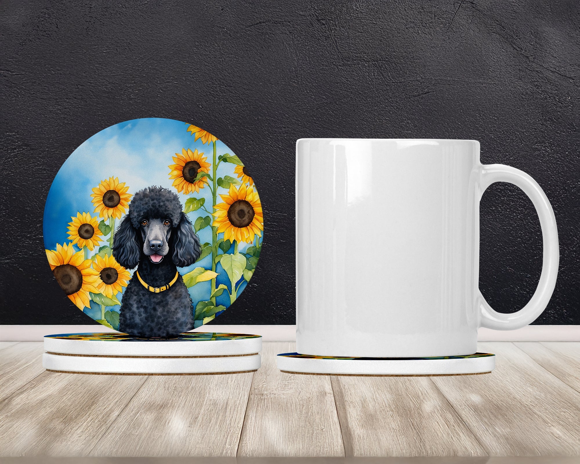 Black Poodle in Sunflowers Large Sandstone Coasters Pack of 4 Absorbent Round Coasters Decor Gifts for Men or Women, 4 in, Multicolor
