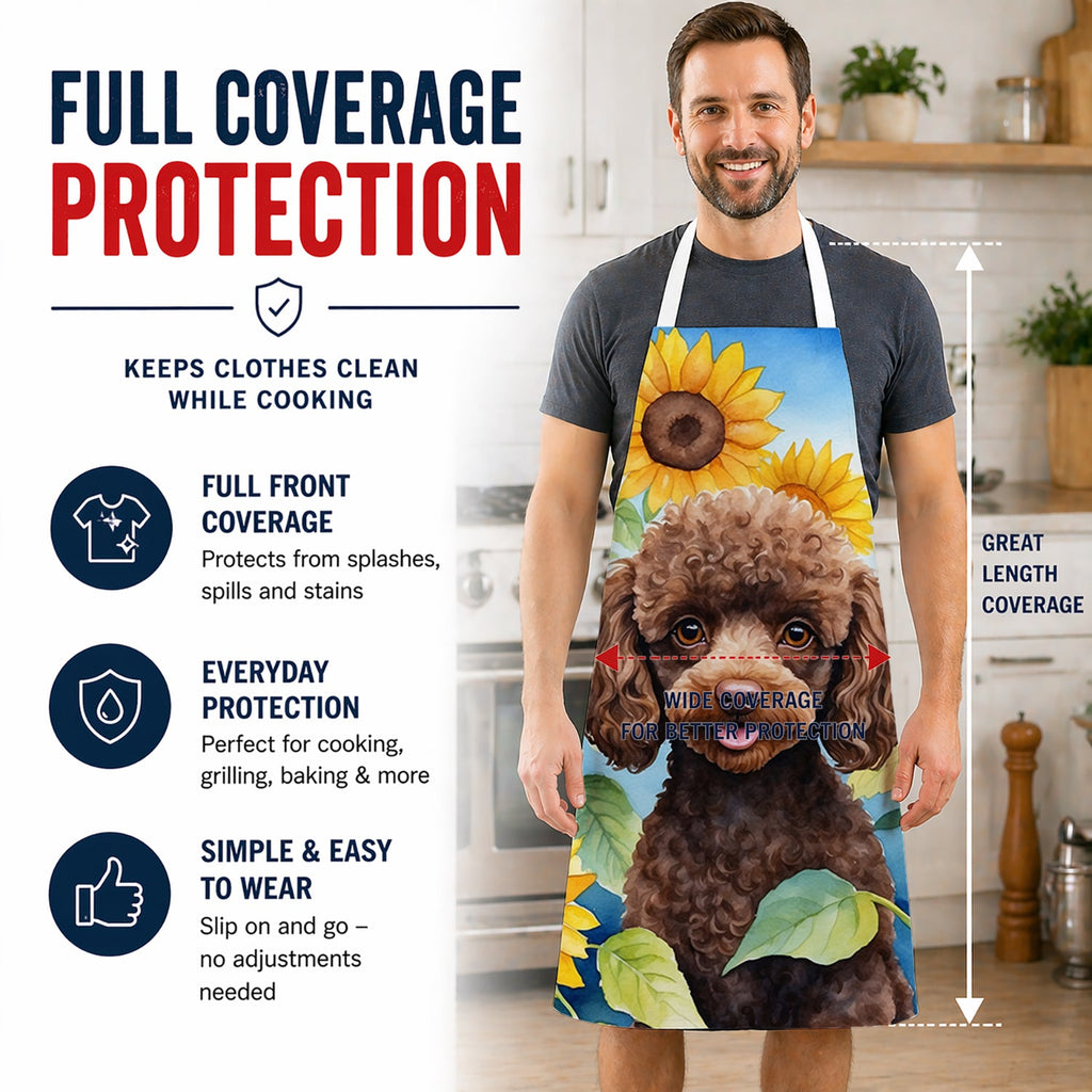 Chocolate Poodle in Sunflowers Apron Cooking Kitchen Server Baking Crafts Gardening for Adult Women Men, Unisex, Large, Multicolor