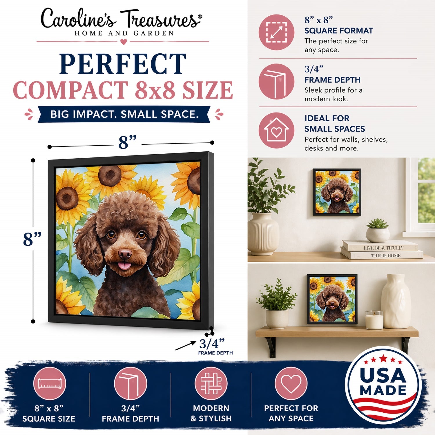 Chocolate Poodle in Sunflowers Framed Metal Print Bathroom, Kitchen, Office, Home Decor Wall Art Ready to Hang, Square, 8X8